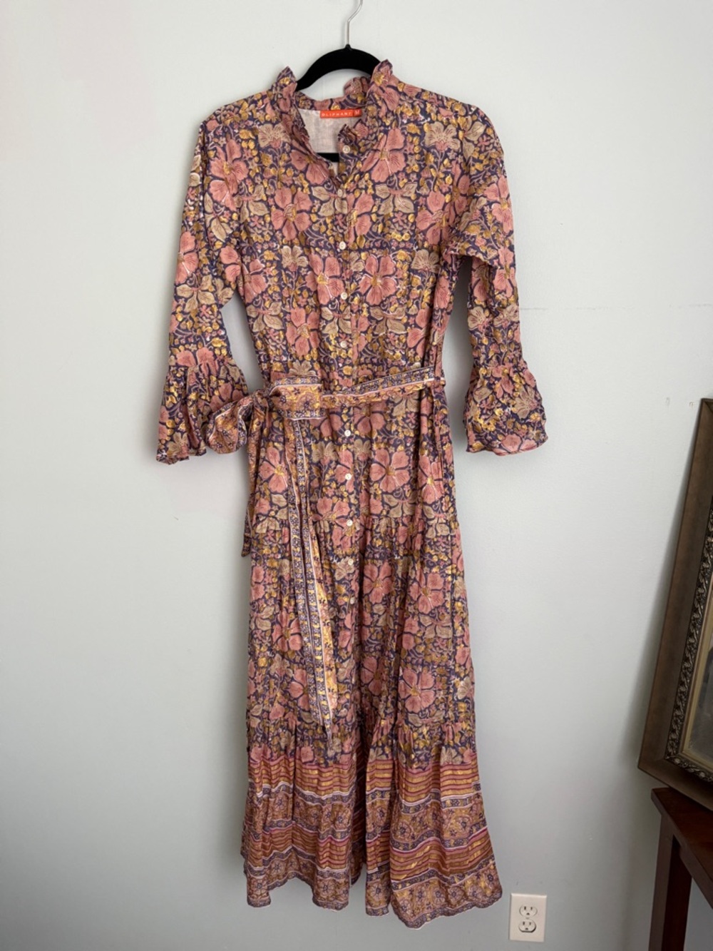 Oliphant Pink Floral Maxi Dress with Waist Tie